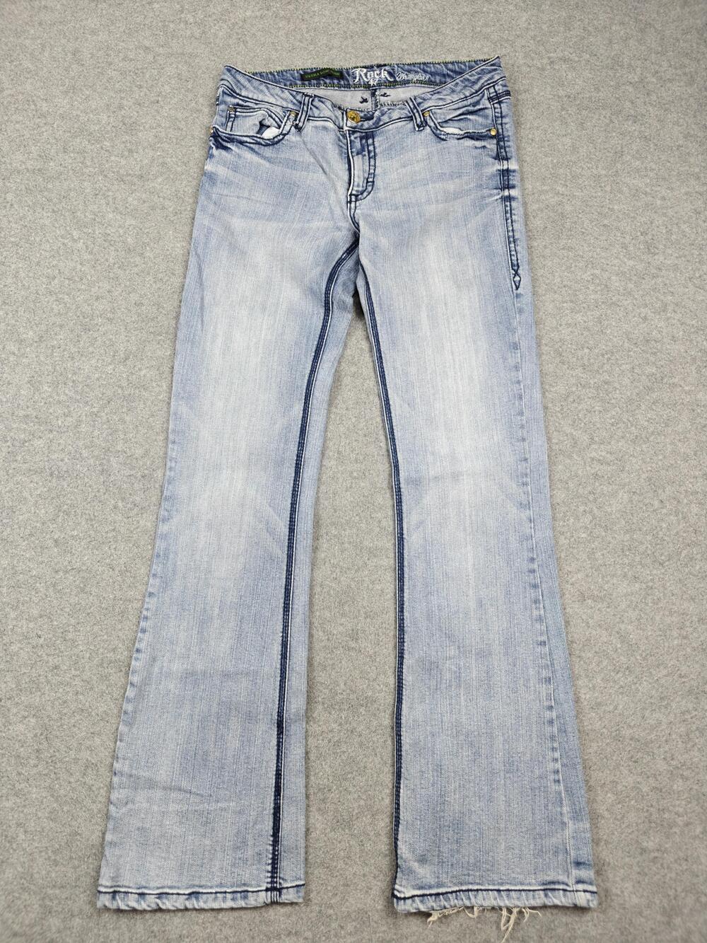 Rock 47 By Wrangler Jeans Womens 31 Blue Light Wash Bootcut Ultra Low Rise 32